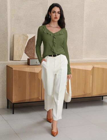 Women's Long Sleeve Shirts Dressy Casual V Neck Ruffle Knit Tunic Tops 2025 Fall Trendy Work Blouse in Kuwait