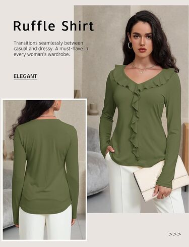 Women's Long Sleeve Shirts Dressy Casual V Neck Ruffle Knit Tunic Tops 2025 Fall Trendy Work Blouse in Kuwait