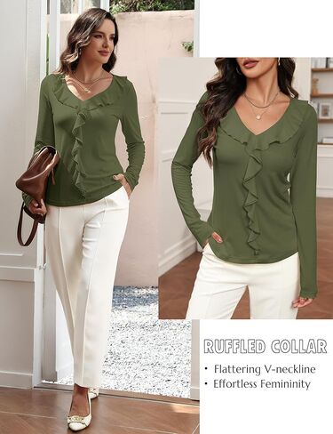 Women's Long Sleeve Shirts Dressy Casual V Neck Ruffle Knit Tunic Tops 2025 Fall Trendy Work Blouse in Kuwait