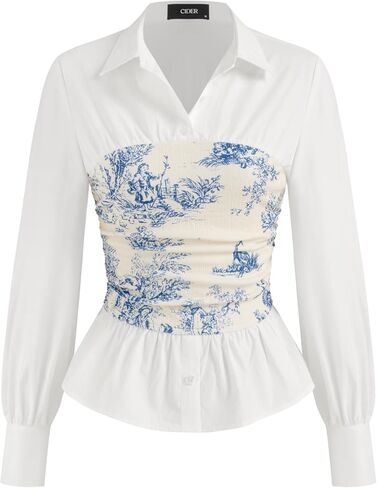 CIDER Long Sleeve Shirts for Women Toile De Jouy V-Neck Woven Blouse Regular Fit Long Sleeve Top in Saudi Arabia