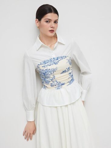 CIDER Long Sleeve Shirts for Women Toile De Jouy V-Neck Woven Blouse Regular Fit Long Sleeve Top in Saudi Arabia