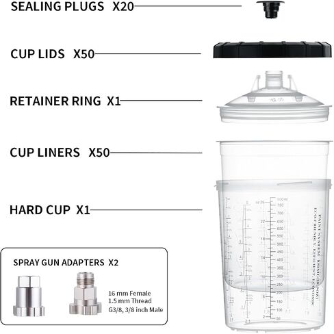 AEROPRO TOOLS Disposable Paint Cups Liners and Lid System, 50 Pack 22 Ounce (650ml) Kit for Spray Gun-50 Cup Liners, 50 Lids with Strainer, 1 Hard Cup with Retainer Ring, 20 Plugs, 2 Cup Adapters in Saudi Arabia