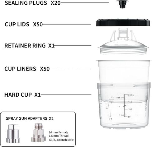 AEROPRO TOOLS Disposable Paint Cups Liners and Lid System, 50 Pack 22 Ounce (650ml) Kit for Spray Gun-50 Cup Liners, 50 Lids with Strainer, 1 Hard Cup with Retainer Ring, 20 Plugs, 2 Cup Adapters in Saudi Arabia
