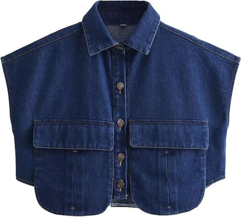 Womens Denim Cropped Button Down Shirt Collared Sleeveless Summer Loose Jean Crop Top with Pockets in Saudi Arabia