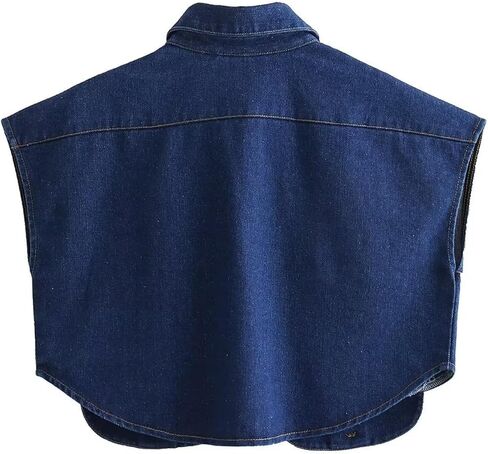 Womens Denim Cropped Button Down Shirt Collared Sleeveless Summer Loose Jean Crop Top with Pockets in Saudi Arabia
