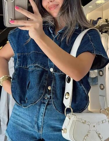 Womens Denim Cropped Button Down Shirt Collared Sleeveless Summer Loose Jean Crop Top with Pockets in Saudi Arabia