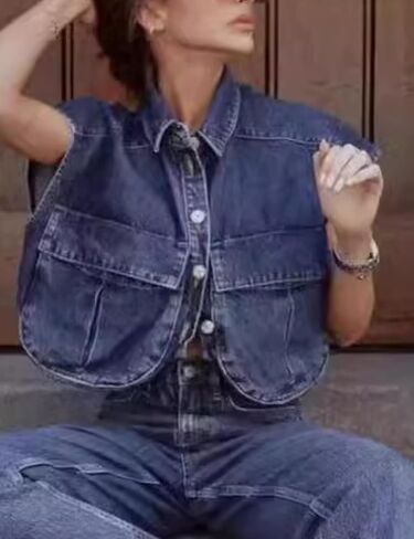 Womens Denim Cropped Button Down Shirt Collared Sleeveless Summer Loose Jean Crop Top with Pockets in Saudi Arabia