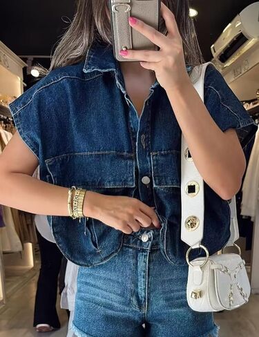 Womens Denim Cropped Button Down Shirt Collared Sleeveless Summer Loose Jean Crop Top with Pockets in Saudi Arabia