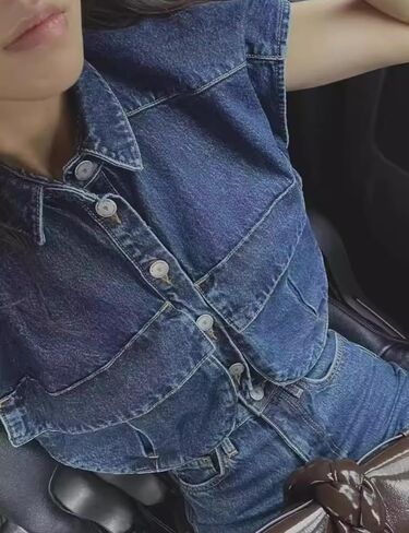 Womens Denim Cropped Button Down Shirt Collared Sleeveless Summer Loose Jean Crop Top with Pockets in Saudi Arabia