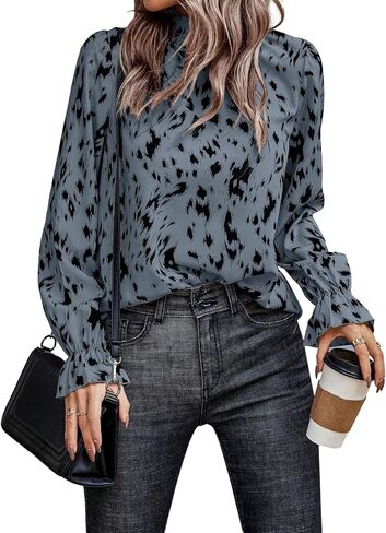 MakeMeChic Women's Leopard Print Ruffle Long Sleeve Frill Trim Mock Neck Casual Blouse Shirt Top in Saudi Arabia