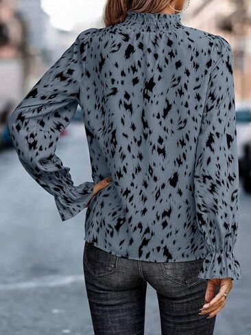 MakeMeChic Women's Leopard Print Ruffle Long Sleeve Frill Trim Mock Neck Casual Blouse Shirt Top in Saudi Arabia