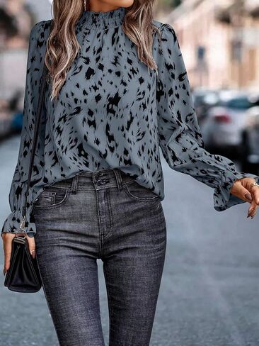 MakeMeChic Women's Leopard Print Ruffle Long Sleeve Frill Trim Mock Neck Casual Blouse Shirt Top in Saudi Arabia