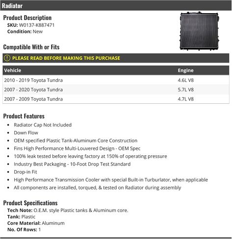 Radiator - Compatible with 2007-2020 Toyota Tundra 4.6L 4.7L 5.7L V8 (W0137-K887471) in Saudi Arabia