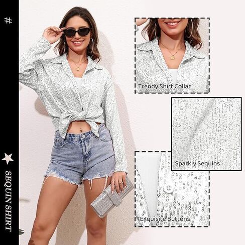 Zando Sequin Tops for Women Sequin Top Sparkly Tops for Women Sparkle Tops for Women Casual Party Club Button Down Shirt in Saudi Arabia