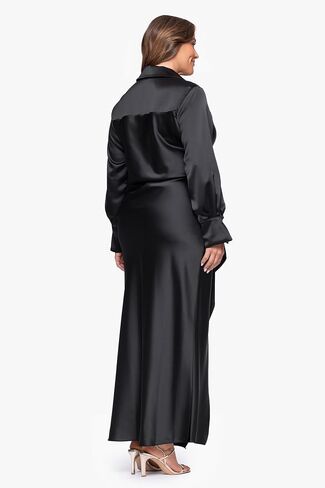 فستان Xscape نسائي بياقة ساتان وأكمام طويلة ومكشكش (زائد) in Saudi Arabia