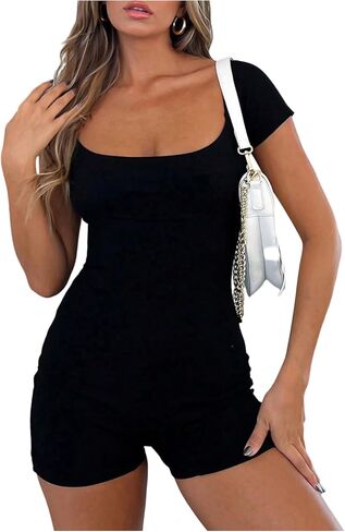 WDIRARA Women's Square Neck Short Sleeve Romper Unitards Bodycon Shorts Jumpsuit in Saudi Arabia