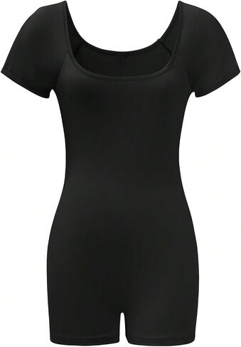 WDIRARA Women's Square Neck Short Sleeve Romper Unitards Bodycon Shorts Jumpsuit in Saudi Arabia