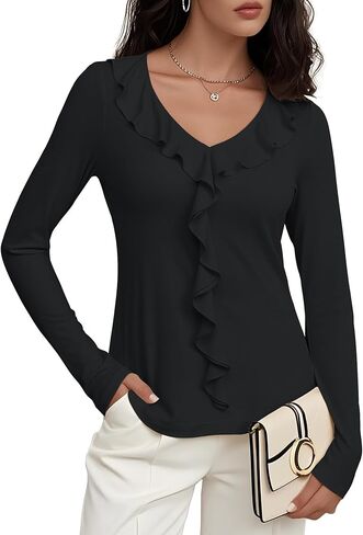 Women's Long Sleeve Shirts Dressy Casual V Neck Ruffle Knit Tunic Tops 2025 Fall Trendy Work Blouse in Kuwait