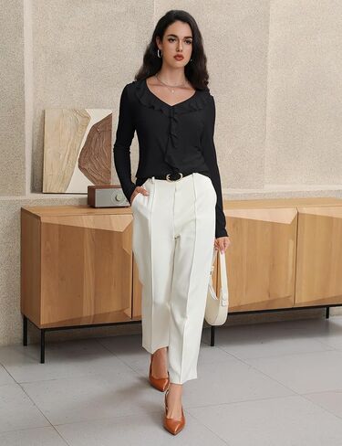 Women's Long Sleeve Shirts Dressy Casual V Neck Ruffle Knit Tunic Tops 2025 Fall Trendy Work Blouse in Kuwait