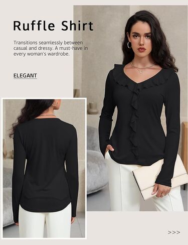 Women's Long Sleeve Shirts Dressy Casual V Neck Ruffle Knit Tunic Tops 2025 Fall Trendy Work Blouse in Kuwait