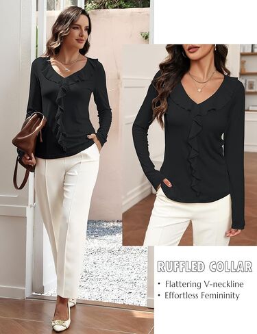 Women's Long Sleeve Shirts Dressy Casual V Neck Ruffle Knit Tunic Tops 2025 Fall Trendy Work Blouse in Kuwait