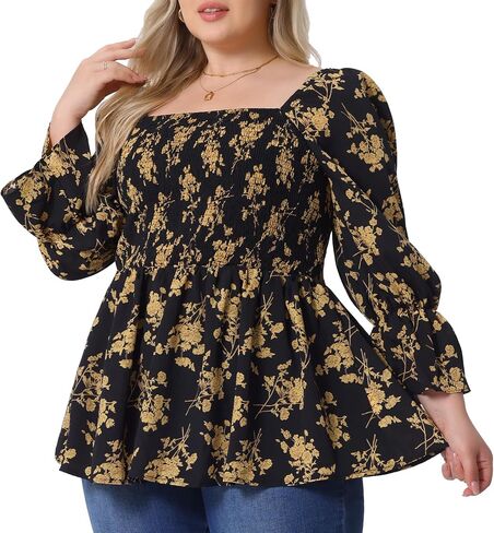 Agnes Orinda Plus Size Women's Floral Print Tops Square Neck Long Sleeve Casual Smocked Peplum Blouses Shirts in Saudi Arabia
