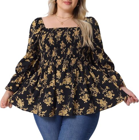 Agnes Orinda Plus Size Women's Floral Print Tops Square Neck Long Sleeve Casual Smocked Peplum Blouses Shirts in Saudi Arabia