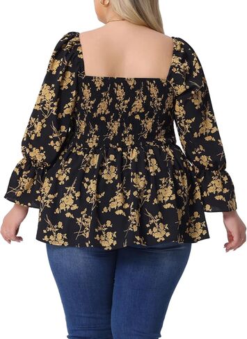 Agnes Orinda Plus Size Women's Floral Print Tops Square Neck Long Sleeve Casual Smocked Peplum Blouses Shirts in Saudi Arabia