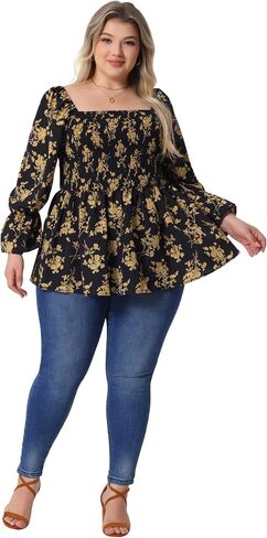 Agnes Orinda Plus Size Women's Floral Print Tops Square Neck Long Sleeve Casual Smocked Peplum Blouses Shirts in Saudi Arabia