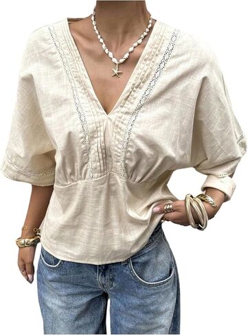 GORGLITTER Women's Lace Boho Peasant Tops Cinched Waist 3/4 Sleeve V Neck Crochet Shirts Blouses in Saudi Arabia