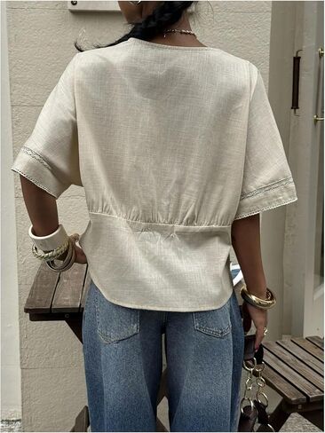 GORGLITTER Women's Lace Boho Peasant Tops Cinched Waist 3/4 Sleeve V Neck Crochet Shirts Blouses in Saudi Arabia