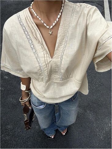 GORGLITTER Women's Lace Boho Peasant Tops Cinched Waist 3/4 Sleeve V Neck Crochet Shirts Blouses in Saudi Arabia
