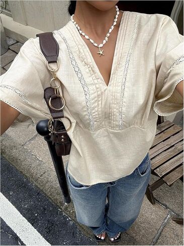GORGLITTER Women's Lace Boho Peasant Tops Cinched Waist 3/4 Sleeve V Neck Crochet Shirts Blouses in Saudi Arabia