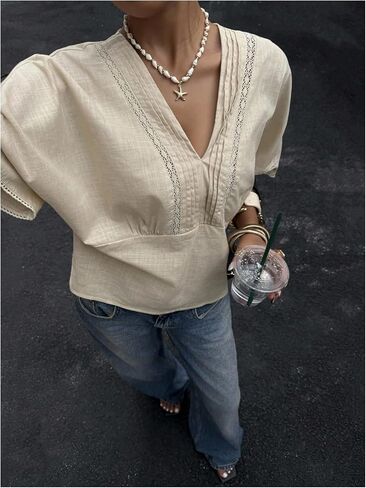 GORGLITTER Women's Lace Boho Peasant Tops Cinched Waist 3/4 Sleeve V Neck Crochet Shirts Blouses in Saudi Arabia