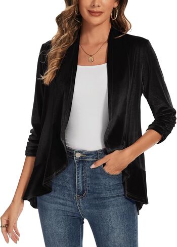 سترة مخملية للسيدات مكشكشة بأكمام 3/4 مفتوحة من الأمام بدون ياقة وحاشية مكشكشة مخملية in Kuwait