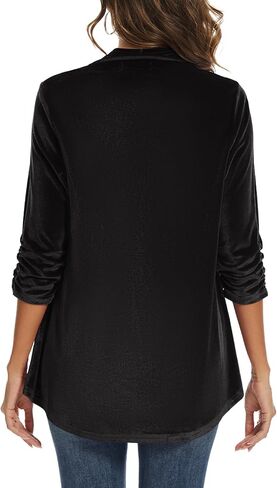 سترة مخملية للسيدات مكشكشة بأكمام 3/4 مفتوحة من الأمام بدون ياقة وحاشية مكشكشة مخملية in Kuwait