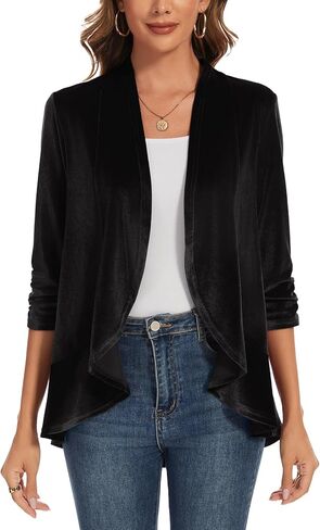 سترة مخملية للسيدات مكشكشة بأكمام 3/4 مفتوحة من الأمام بدون ياقة وحاشية مكشكشة مخملية in Kuwait