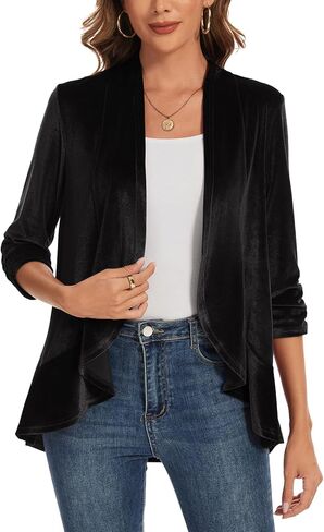 سترة مخملية للسيدات مكشكشة بأكمام 3/4 مفتوحة من الأمام بدون ياقة وحاشية مكشكشة مخملية in Kuwait