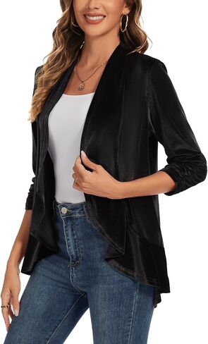 سترة مخملية للسيدات مكشكشة بأكمام 3/4 مفتوحة من الأمام بدون ياقة وحاشية مكشكشة مخملية in Kuwait