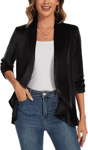 سترة مخملية للسيدات مكشكشة بأكمام 3/4 مفتوحة من الأمام بدون ياقة وحاشية مكشكشة مخملية in Kuwait