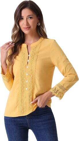 بلوزة Allegra K Boho للنساء بأكمام طويلة وبلوزات كروشيه من الدانتيل بنصف أزرار in Kuwait
