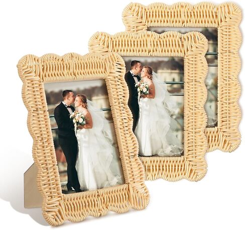 3 Pcs Scalloped Wicker Weave Rattan Photo Frame for Picture Handmade Rattan Made Picture Frames Wall Decor Boho Farmhouse Style Tabletop Photo Display Decorative Home Bookshelf (5 x 7) in Saudi Arabia