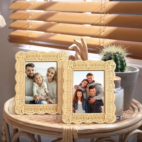 3 Pcs Scalloped Wicker Weave Rattan Photo Frame for Picture Handmade Rattan Made Picture Frames Wall Decor Boho Farmhouse Style Tabletop Photo Display Decorative Home Bookshelf (5 x 7) in Saudi Arabia