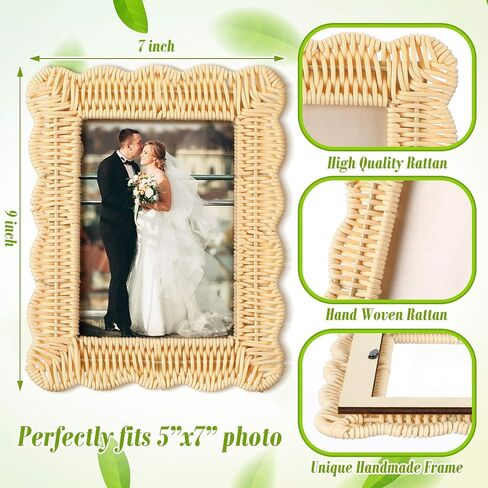 3 Pcs Scalloped Wicker Weave Rattan Photo Frame for Picture Handmade Rattan Made Picture Frames Wall Decor Boho Farmhouse Style Tabletop Photo Display Decorative Home Bookshelf (5 x 7) in Saudi Arabia