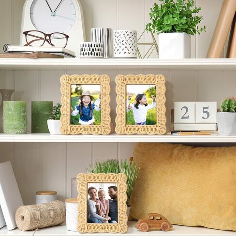 3 Pcs Scalloped Wicker Weave Rattan Photo Frame for Picture Handmade Rattan Made Picture Frames Wall Decor Boho Farmhouse Style Tabletop Photo Display Decorative Home Bookshelf (5 x 7) in Saudi Arabia