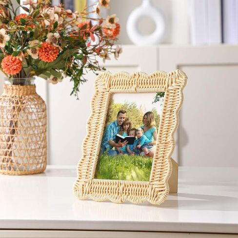 3 Pcs Scalloped Wicker Weave Rattan Photo Frame for Picture Handmade Rattan Made Picture Frames Wall Decor Boho Farmhouse Style Tabletop Photo Display Decorative Home Bookshelf (5 x 7) in Saudi Arabia