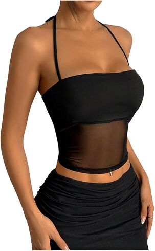 SOLY HUX Women's Mesh Halter Top Sleeveless Tie Backless Sheer Y2k Rave Party Crop Tops in Saudi Arabia