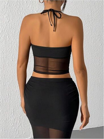 SOLY HUX Women's Mesh Halter Top Sleeveless Tie Backless Sheer Y2k Rave Party Crop Tops in Saudi Arabia
