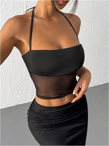 SOLY HUX Women's Mesh Halter Top Sleeveless Tie Backless Sheer Y2k Rave Party Crop Tops in Saudi Arabia