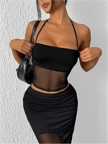SOLY HUX Women's Mesh Halter Top Sleeveless Tie Backless Sheer Y2k Rave Party Crop Tops in Saudi Arabia